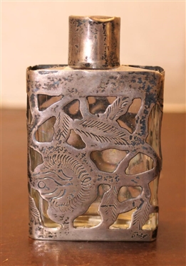  Perfume Bottle with Handcrafted Silver Frame - Hand Cut and Engraved - Bottle is 3" Tall - Frame is Unsigned Sterling Silver 