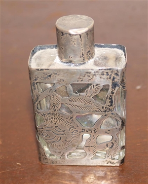  Perfume Bottle with Handcrafted Silver Frame - Hand Cut and Engraved - Bottle is 3 Tall - Frame is Unsigned Sterling Silver 