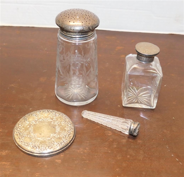 Sterling Silver Dresser Objects - Sterling Framed Mirror, Perfume Bottle with Hand Chased Sterling Silver Lid, Cone Shaped Perfume Bottle with Sterling Top (Dented) and Etched Shaker with Swags and...