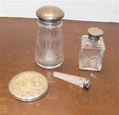 Sterling Silver Dresser Objects - Sterling Framed Mirror, Perfume Bottle with Hand Chased Sterling Silver Lid, Cone Shaped Perfume Bottle with Sterling Top (Dented) and Etched Shaker with Swags and...