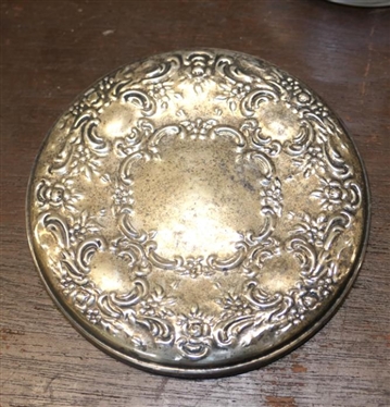 Sterling Silver Dresser Objects - Sterling Framed Mirror, Perfume Bottle with Hand Chased Sterling Silver Lid, Cone Shaped Perfume Bottle with Sterling Top (Dented) and Etched Shaker with Swags and...