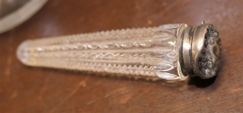 Sterling Silver Dresser Objects - Sterling Framed Mirror, Perfume Bottle with Hand Chased Sterling Silver Lid, Cone Shaped Perfume Bottle with Sterling Top (Dented) and Etched Shaker with Swags and...