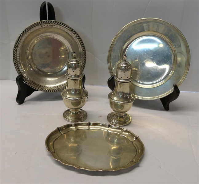 5 Pieces of Solid Sterling Silver - Pair of Salt & Pepper Shakers - # 851- Minor Dents on Shaker Tops, Wallace 5 1/2" Bowl # A11, International "Lord Saybrook" 6" Plate, and Gorham Chippendale Oval...