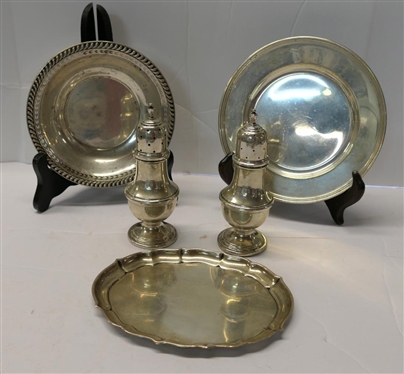 5 Pieces of Solid Sterling Silver - Pair of Salt & Pepper Shakers - # 851- Minor Dents on Shaker Tops, Wallace 5 1/2" Bowl # A11, International "Lord Saybrook" 6" Plate, and Gorham Chippendale Oval...