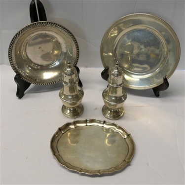 5 Pieces of Solid Sterling Silver - Pair of Salt & Pepper Shakers - # 851- Minor Dents on Shaker Tops, Wallace 5 1/2 Bowl # A11, International Lord Saybrook 6 Plate, and Gorham Chippendale Oval...