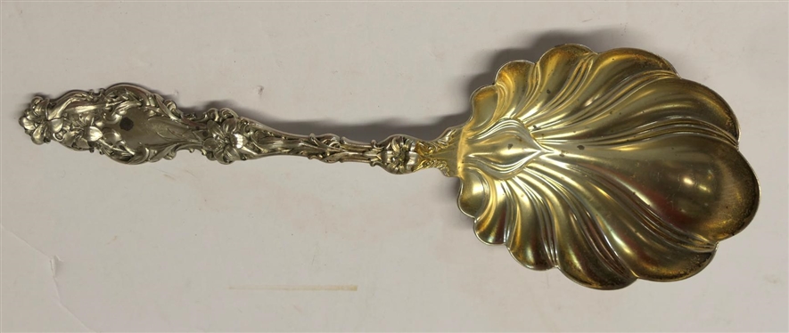 Whiting "Lily" 1902 Pattern  9" Sterling Silver Berry  / Serving Spoon - Gold Washed Bowl - Incredible Detail - 121.6 Grams 