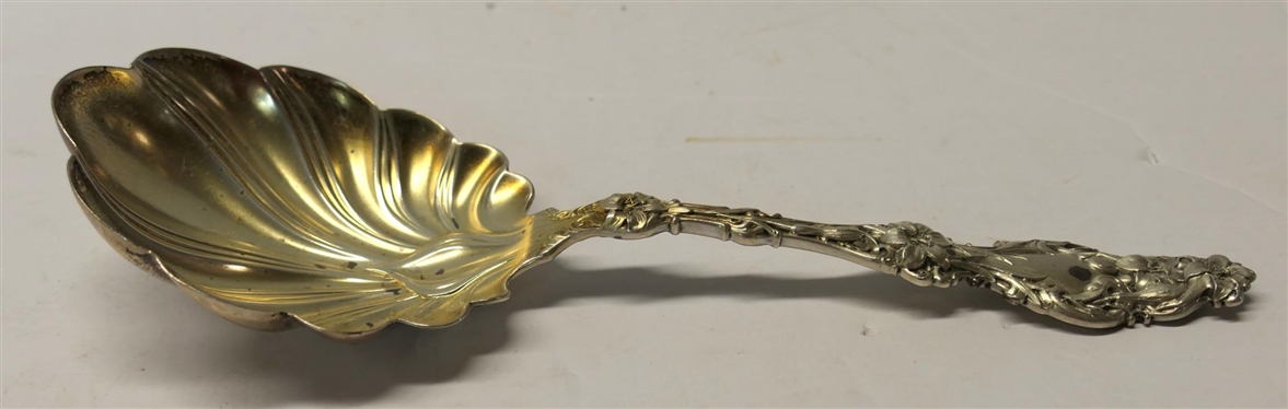 Whiting Lily 1902 Pattern  9 Sterling Silver Berry  / Serving Spoon - Gold Washed Bowl - Incredible Detail - 121.6 Grams 