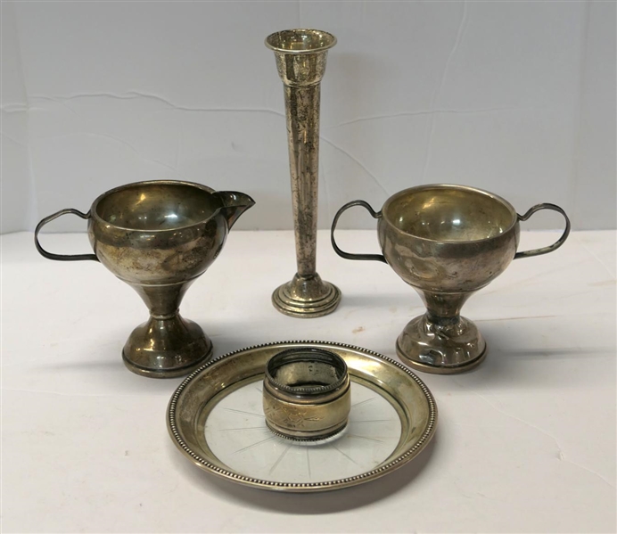5 Sterling Silver Objects - Newport Weighted Bud Vase, Hand Chased Napkin Ring, Weighted Cream and Sugar Set, and Wine Coaster with Sterling Silver Beaded Rim - Weighted Pieces Are Dented - 357.7...