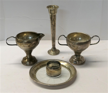 5 Sterling Silver Objects - Newport Weighted Bud Vase, Hand Chased Napkin Ring, Weighted Cream and Sugar Set, and Wine Coaster with Sterling Silver Beaded Rim - Weighted Pieces Are Dented - 357.7...