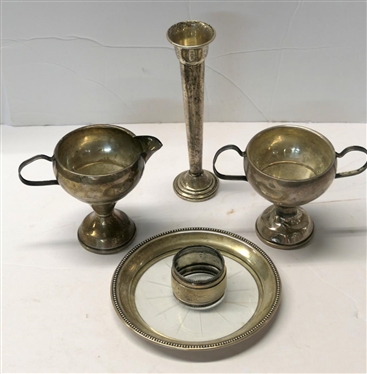 5 Sterling Silver Objects - Newport Weighted Bud Vase, Hand Chased Napkin Ring, Weighted Cream and Sugar Set, and Wine Coaster with Sterling Silver Beaded Rim - Weighted Pieces Are Dented - 357.7...