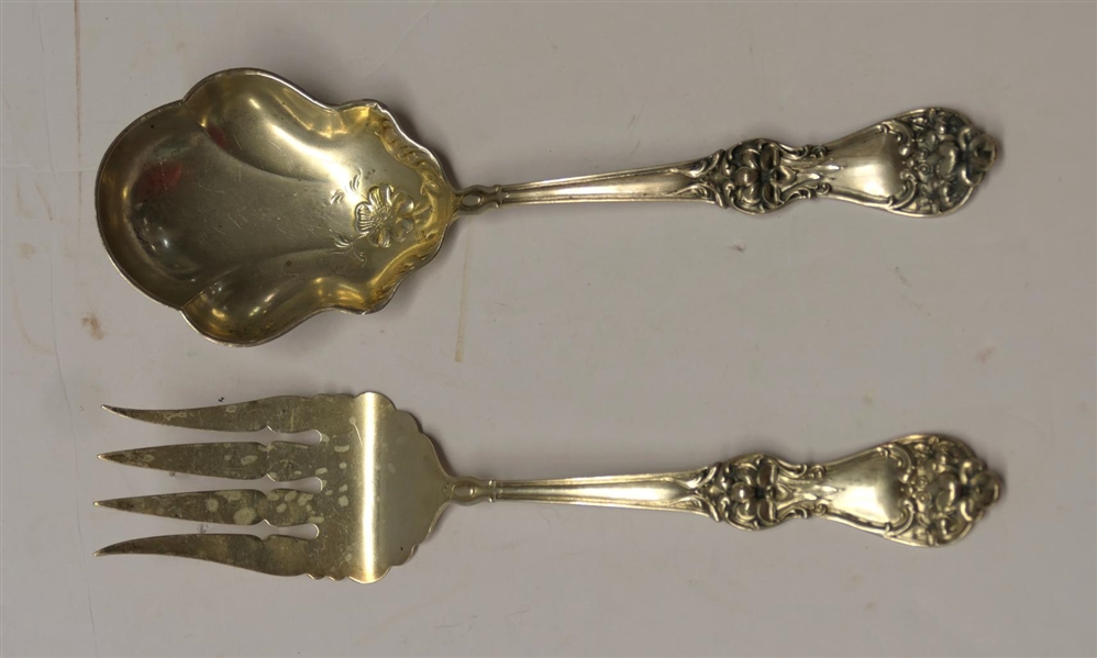 Baker - Manchester Mfg. Co. 1904 - 1914 Sterling Silver Serving Spoon and Meat Fork - Beautiful Highly Detailed Floral Pattern - Spoon is 9" Long - 117.0 Grams Total Weight
