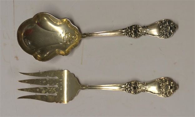 Baker - Manchester Mfg. Co. 1904 - 1914 Sterling Silver Serving Spoon and Meat Fork - Beautiful Highly Detailed Floral Pattern - Spoon is 9" Long - 117.0 Grams Total Weight