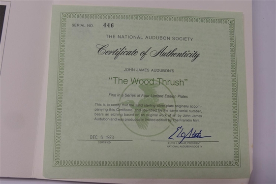 The National Audubon Society  John James Audubon''s The Wood Thrush Limited Edition Sterling Silver Plate - Number 446 with Information Leaflet and Certificate of Authenticity - 169.1 Grams Total...