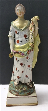18th Century Staffordshire Woman Figure - Woman with Floral Swag wearing a Long Hand Decorated Dress - Hand Has Been Repaired - Statue is 14 Tall 