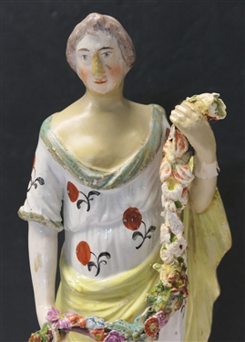 18th Century Staffordshire Woman Figure - Woman with Floral Swag wearing a Long Hand Decorated Dress - Hand Has Been Repaired - Statue is 14 Tall 