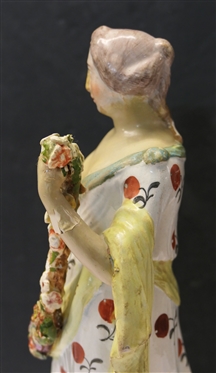 18th Century Staffordshire Woman Figure - Woman with Floral Swag wearing a Long Hand Decorated Dress - Hand Has Been Repaired - Statue is 14 Tall 
