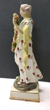 18th Century Staffordshire Woman Figure - Woman with Floral Swag wearing a Long Hand Decorated Dress - Hand Has Been Repaired - Statue is 14 Tall 