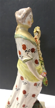 18th Century Staffordshire Woman Figure - Woman with Floral Swag wearing a Long Hand Decorated Dress - Hand Has Been Repaired - Statue is 14 Tall 