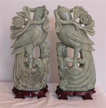 Pair of Jade / Green Stone Carved Dove Statue - Bird with Floral Branches - on Wood Carved Pedestal - Statue is 14 1/2" Tall with Wood Base - Base is 1 1/2" Tall 