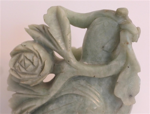 Pair of Jade / Green Stone Carved Dove Statue - Bird with Floral Branches - on Wood Carved Pedestal - Statue is 14 1/2 Tall with Wood Base - Base is 1 1/2 Tall 