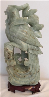 Pair of Jade / Green Stone Carved Dove Statue - Bird with Floral Branches - on Wood Carved Pedestal - Statue is 14 1/2 Tall with Wood Base - Base is 1 1/2 Tall 