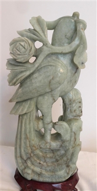 Pair of Jade / Green Stone Carved Dove Statue - Bird with Floral Branches - on Wood Carved Pedestal - Statue is 14 1/2 Tall with Wood Base - Base is 1 1/2 Tall 