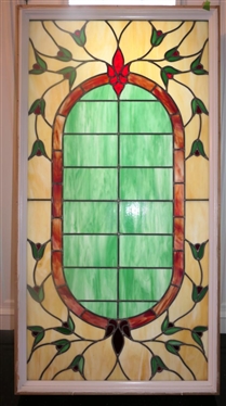Beautiful Large Floral Leaded Glass Window - Cream Background with Green and Red Flowers - Window Frame is 62 1/4" By 32 3/4" 