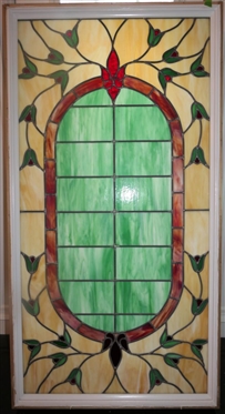 Beautiful Large Floral Leaded Glass Window - Cream Background with Green and Red Flowers - Window Frame is 62 1/4 By 32 3/4 