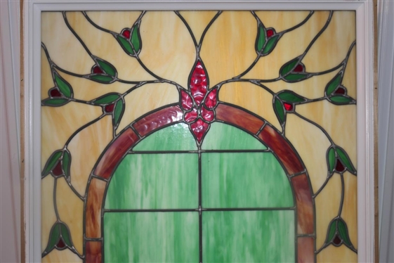 Beautiful Large Floral Leaded Glass Window - Cream Background with Green and Red Flowers - Window Frame is 62 1/4 By 32 3/4 