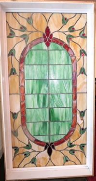 Beautiful Large Floral Leaded Glass Window - Cream Background with Green and Red Flowers - Window Frame is 62 1/4 By 32 3/4 