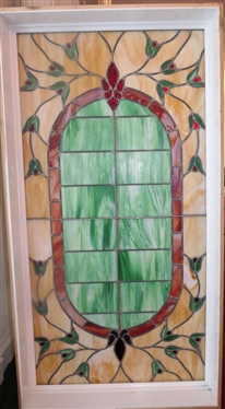 Beautiful Large Floral Leaded Glass Window - Cream Background with Green and Red Flowers - Window Frame is 62 1/4 By 32 3/4 