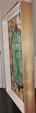 Beautiful Large Floral Leaded Glass Window - Cream Background with Green and Red Flowers - Window Frame is 62 1/4 By 32 3/4 