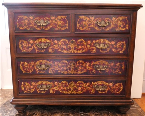Very Nice Maitland Smith 5 Drawer Chest - Floral Drawer Fronts - Embossed Burl Top and Ends - Substantial Brass Pulls - Chest is 37" Tall 43" by 21" - Brass Tag in Top Drawer 