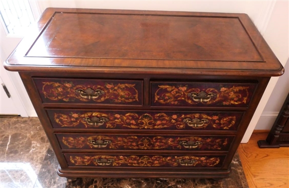 Very Nice Maitland Smith 5 Drawer Chest - Floral Drawer Fronts - Embossed Burl Top and Ends - Substantial Brass Pulls - Chest is 37 Tall 43 by 21 - Brass Tag in Top Drawer 