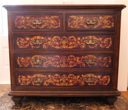 Very Nice Maitland Smith 5 Drawer Chest - Floral Drawer Fronts - Embossed Burl Top and Ends - Substantial Brass Pulls - Chest is 37 Tall 43 by 21 - Brass Tag in Top Drawer 