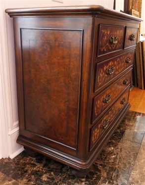 Very Nice Maitland Smith 5 Drawer Chest - Floral Drawer Fronts - Embossed Burl Top and Ends - Substantial Brass Pulls - Chest is 37 Tall 43 by 21 - Brass Tag in Top Drawer 