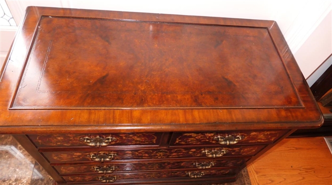 Very Nice Maitland Smith 5 Drawer Chest - Floral Drawer Fronts - Embossed Burl Top and Ends - Substantial Brass Pulls - Chest is 37 Tall 43 by 21 - Brass Tag in Top Drawer 