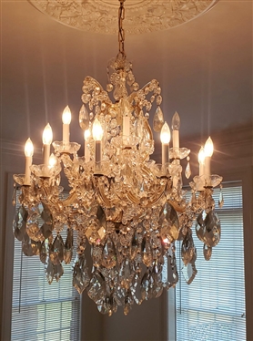 Incredible 15 Light Crystal Chandelier Loaded with Prisms of Various Sizes and Shapes - Fixture is Approximately 40 Tall 30 Wide - Largest Oval Prisms are 6 Long 
