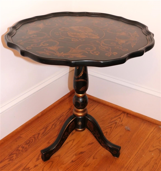 Maitland Smith Black and Gold Tea Table - Hand Painted Gold Floral Motif - Pie Crust Edge on Table Top - Turned Pedestal - Table is 25" Tall 23 1/2" Across - Unsigned 