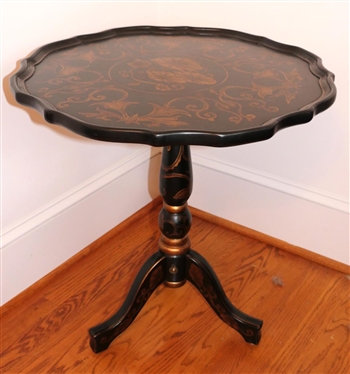 Maitland Smith Black and Gold Tea Table - Hand Painted Gold Floral Motif - Pie Crust Edge on Table Top - Turned Pedestal - Table is 25" Tall 23 1/2" Across - Unsigned 