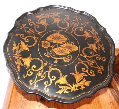 Maitland Smith Black and Gold Tea Table - Hand Painted Gold Floral Motif - Pie Crust Edge on Table Top - Turned Pedestal - Table is 25 Tall 23 1/2 Across - Unsigned 