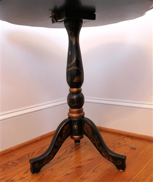 Maitland Smith Black and Gold Tea Table - Hand Painted Gold Floral Motif - Pie Crust Edge on Table Top - Turned Pedestal - Table is 25 Tall 23 1/2 Across - Unsigned 