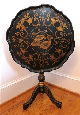 Maitland Smith Black and Gold Tea Table - Hand Painted Gold Floral Motif - Pie Crust Edge on Table Top - Turned Pedestal - Table is 25 Tall 23 1/2 Across - Unsigned 