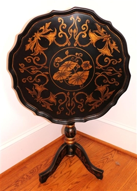 Maitland Smith Black and Gold Tea Table - Hand Painted Gold Floral Motif - Pie Crust Edge on Table Top - Turned Pedestal - Table is 25 Tall 23 1/2 Across - Unsigned 