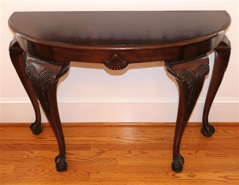 Chippendale Style Mahogany Finish Demilune Table - Shell Emblem on Front Apron - Ball and Claw Feet - Table is 30 Tall 41 By 16 