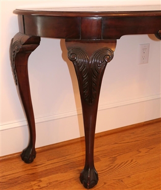 Chippendale Style Mahogany Finish Demilune Table - Shell Emblem on Front Apron - Ball and Claw Feet - Table is 30 Tall 41 By 16 