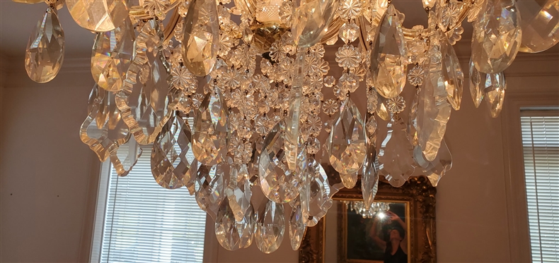 Incredible 15 Light Crystal Chandelier Loaded with Prisms of Various Sizes and Shapes - Fixture is Approximately 40 Tall 30 Wide - Largest Oval Prisms are 6 Long 