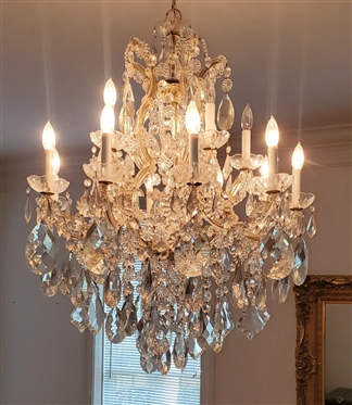Incredible 15 Light Crystal Chandelier Loaded with Prisms of Various Sizes and Shapes - Fixture is Approximately 40 Tall 30 Wide - Largest Oval Prisms are 6 Long 
