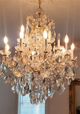 Incredible 15 Light Crystal Chandelier Loaded with Prisms of Various Sizes and Shapes - Fixture is Approximately 40 Tall 30 Wide - Largest Oval Prisms are 6 Long 