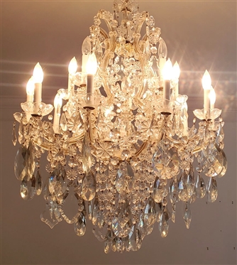 Incredible 15 Light Crystal Chandelier Loaded with Prisms of Various Sizes and Shapes - Fixture is Approximately 40 Tall 30 Wide - Largest Oval Prisms are 6 Long 